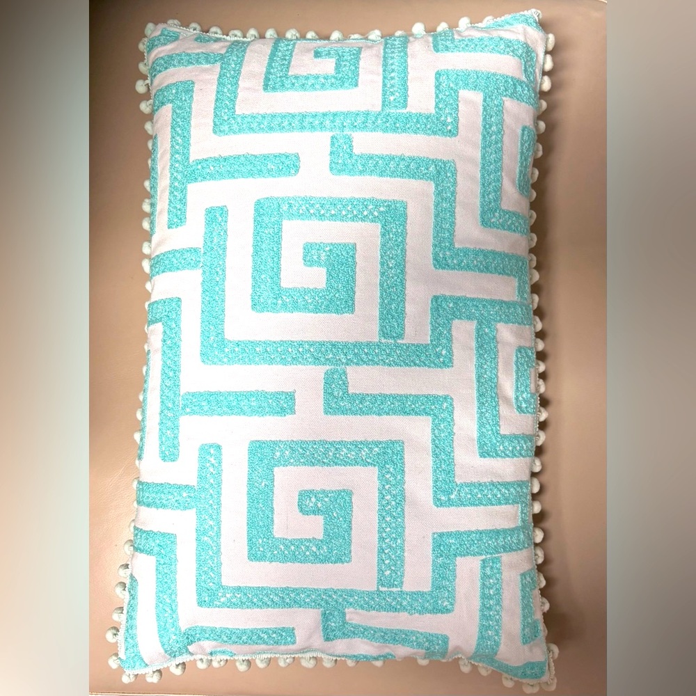 Aqua Blue and White Geometric Throw Pillow with zipper
